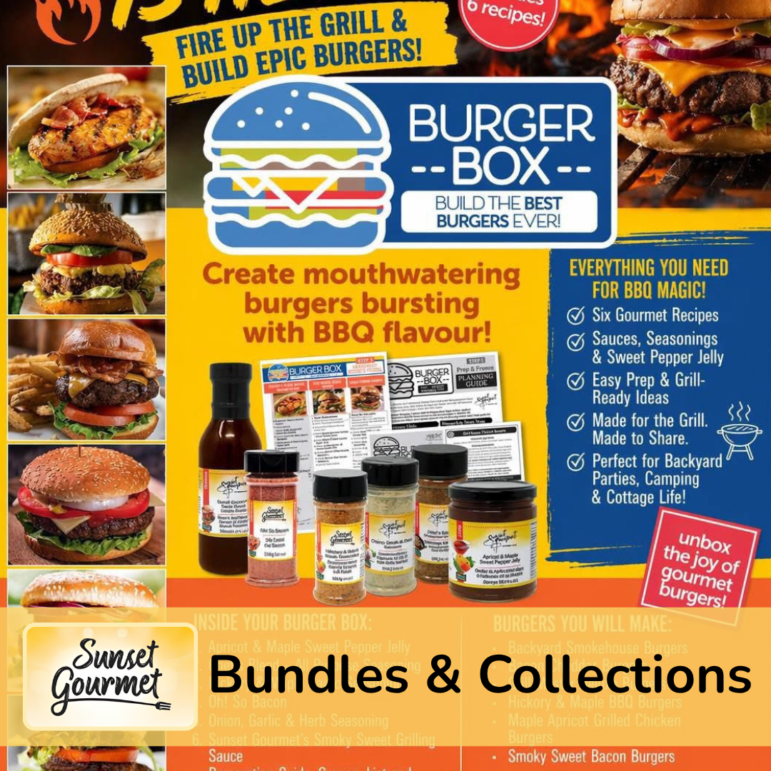Advertisement for Sunset Gourmet Burger Box with ingredients, sauces, seasoning, and recipe ideas for creating BBQ-flavored burgers, with images of various burgers and sauces.