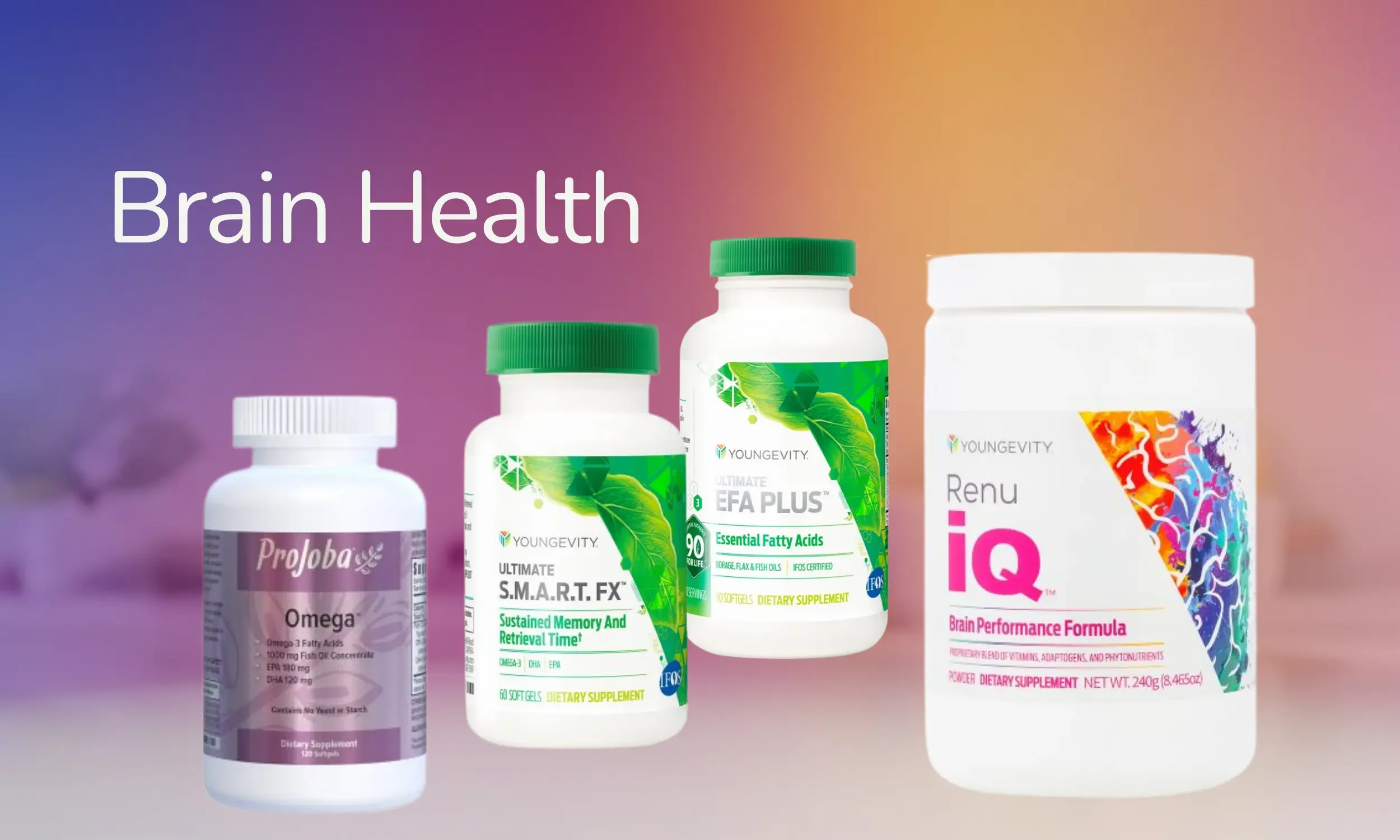 Several dietary supplement bottles arranged in front of a gradient background with purple and peach tones. The labels mention brain health, memory, and mood support.