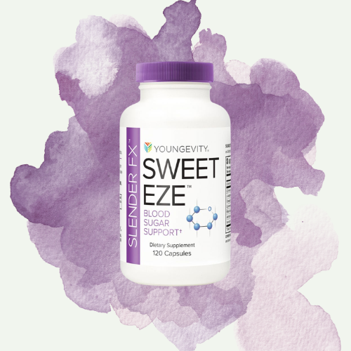 Bottle of Youngevity Sweet EZ blood sugar support dietary supplement with purple cap, against a purple watercolor background.