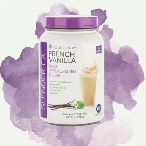 Container of Youngevity French Vanilla meal replacement shake with vanilla bean, vanilla flavor, and powdered drink mix label, purple lid, and purple watercolor background.