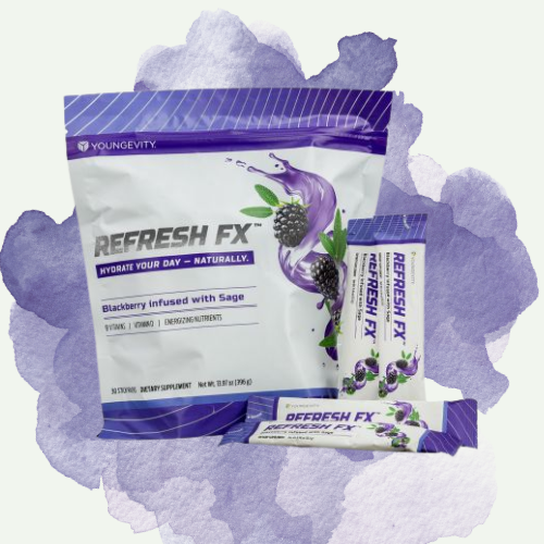 Package of Young Living Refresh FX dietary supplement with blackberry and sage flavor, featuring imagery of blackberries, sage leaves, and purple splash background.