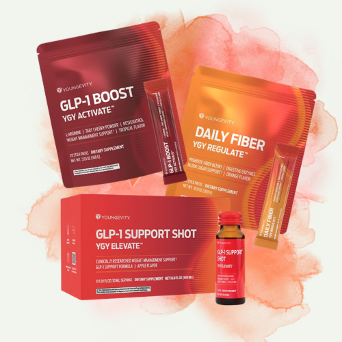 Supplements from Youngevity including GLP-1 Boost, Daily Fiber, and Support Shot on a pink watercolor background.