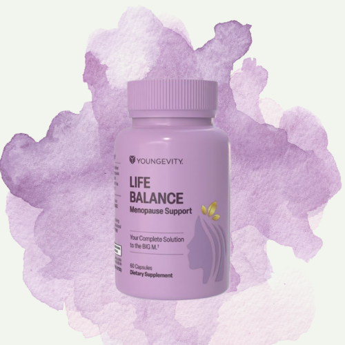 Purple bottle of Youngevity Life Balance menopause support dietary supplement with purple watercolor background.