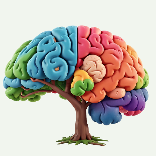 Colorful brain-shaped tree with a brown trunk and multicolored sections resembling brain hemispheres.
