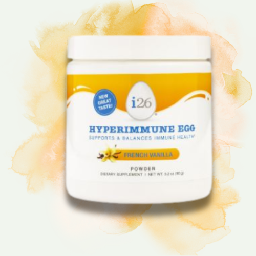 Container of i26 Hyperimmune Egg powder supplement with French vanilla flavor, supporting immune health, with yellow and white packaging, against a watercolor background.