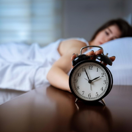 A woman sleeping in bed, reaching out to stop a black and white alarm clock on a bedside table.