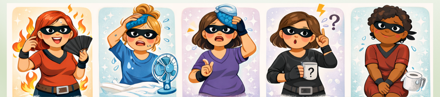 Five cartoon women wearing masks and different outfits, each appearing confused or surprised.