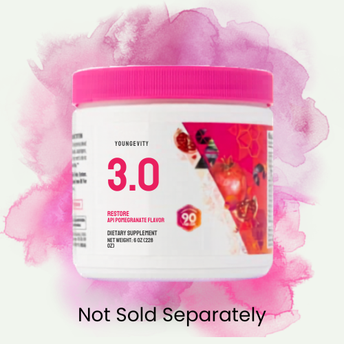 Container of Younggevity 3.0 supplement with pink lid and label featuring a red fruit and abstract design, against a pink watercolor background.