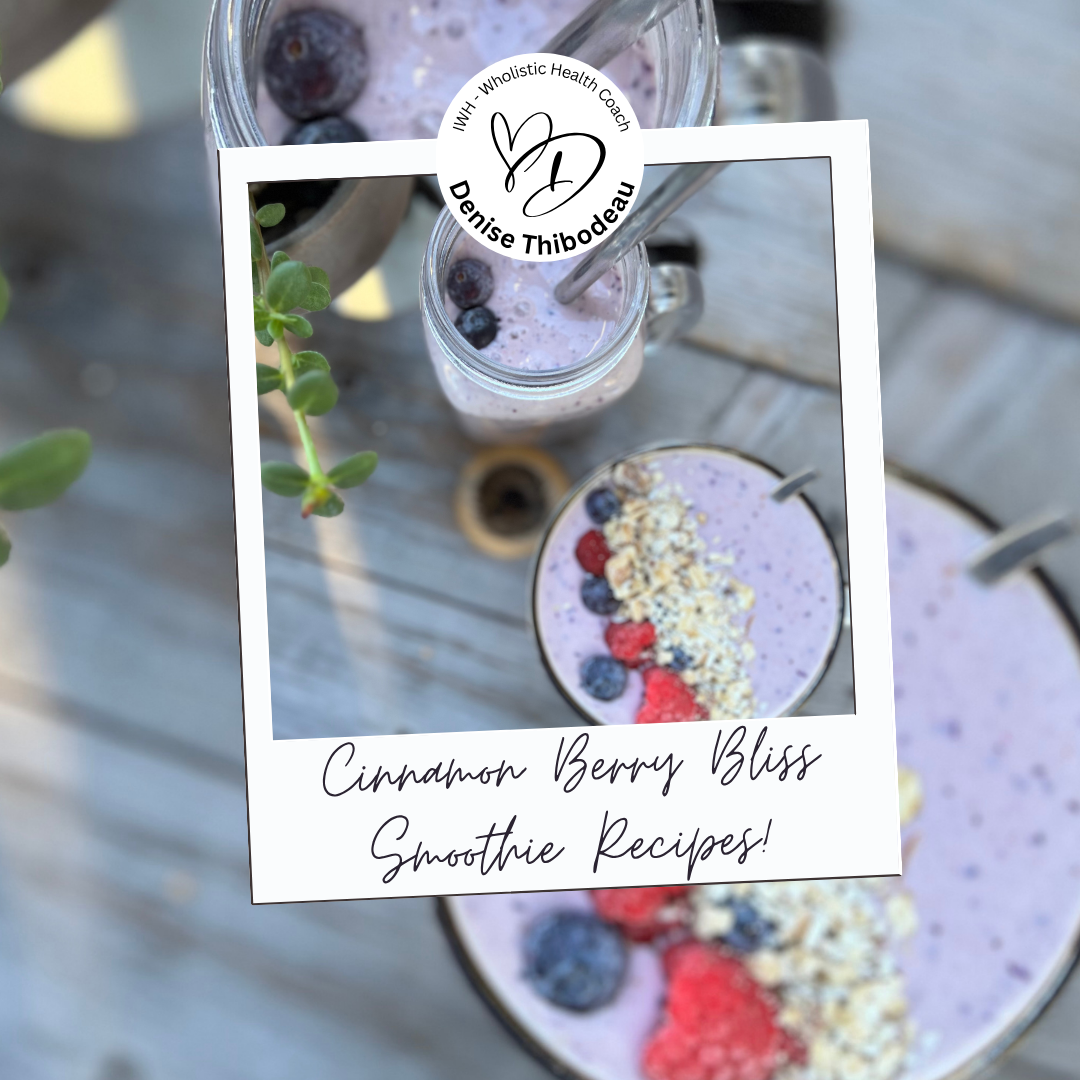 Top-down view of blueberry cinnamon smoothies in glass jars, garnished with fresh berries and oats, on a wooden surface with a small green plant nearby, and a label reading 'Cinnamon Berry Bliss Smoothie Recipes!'