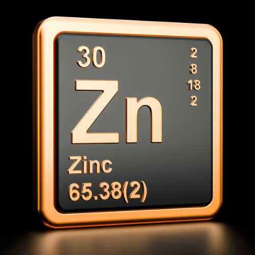 A stylized periodic table element tile for Zinc (Zn) showing atomic number 30, atomic weight 65.38, and electronic configuration.