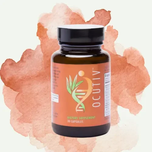 Bottle of Myocutiv dietary supplement with labels, placed in front of a reddish watercolor background.