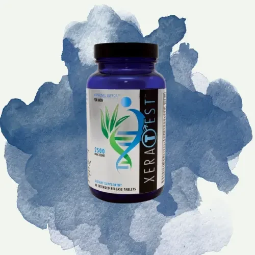 Bottle of XeraTest dietary supplement with a blue label, black cap, and a watercolor background.
