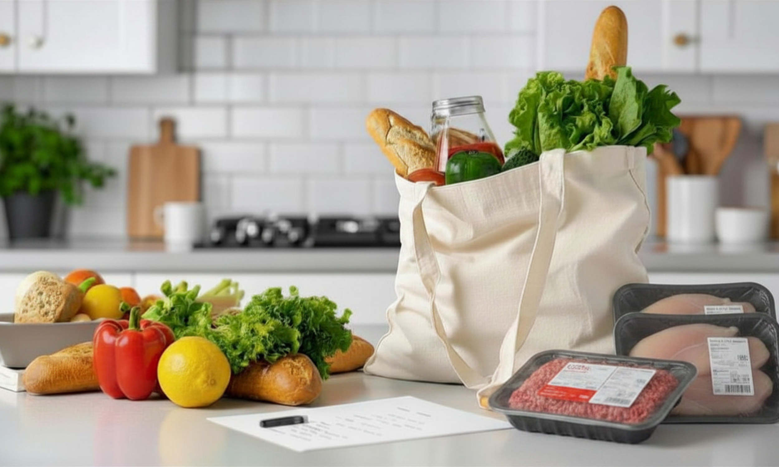 A grocery bag filled with bread, lettuce, and a green bell pepper on a kitchen countertop. Surrounding it are fresh vegetables like tomatoes, lemons, broccoli, and other produce, with packaged meat and a document with a pen nearby.
