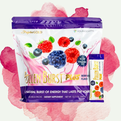 A package of pollen burst plus berry flavor dietary supplement with mixed berries and splash background.