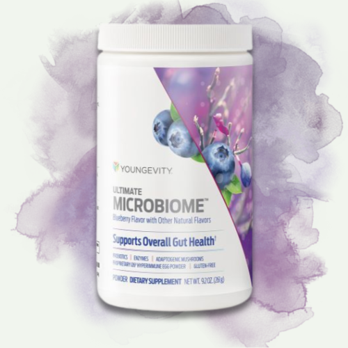A white container of Youngevity Ultimate Microbiome dietary supplement with blueberry flavor, featuring a label with a blueberry image and purple accents on a watercolor purple background.