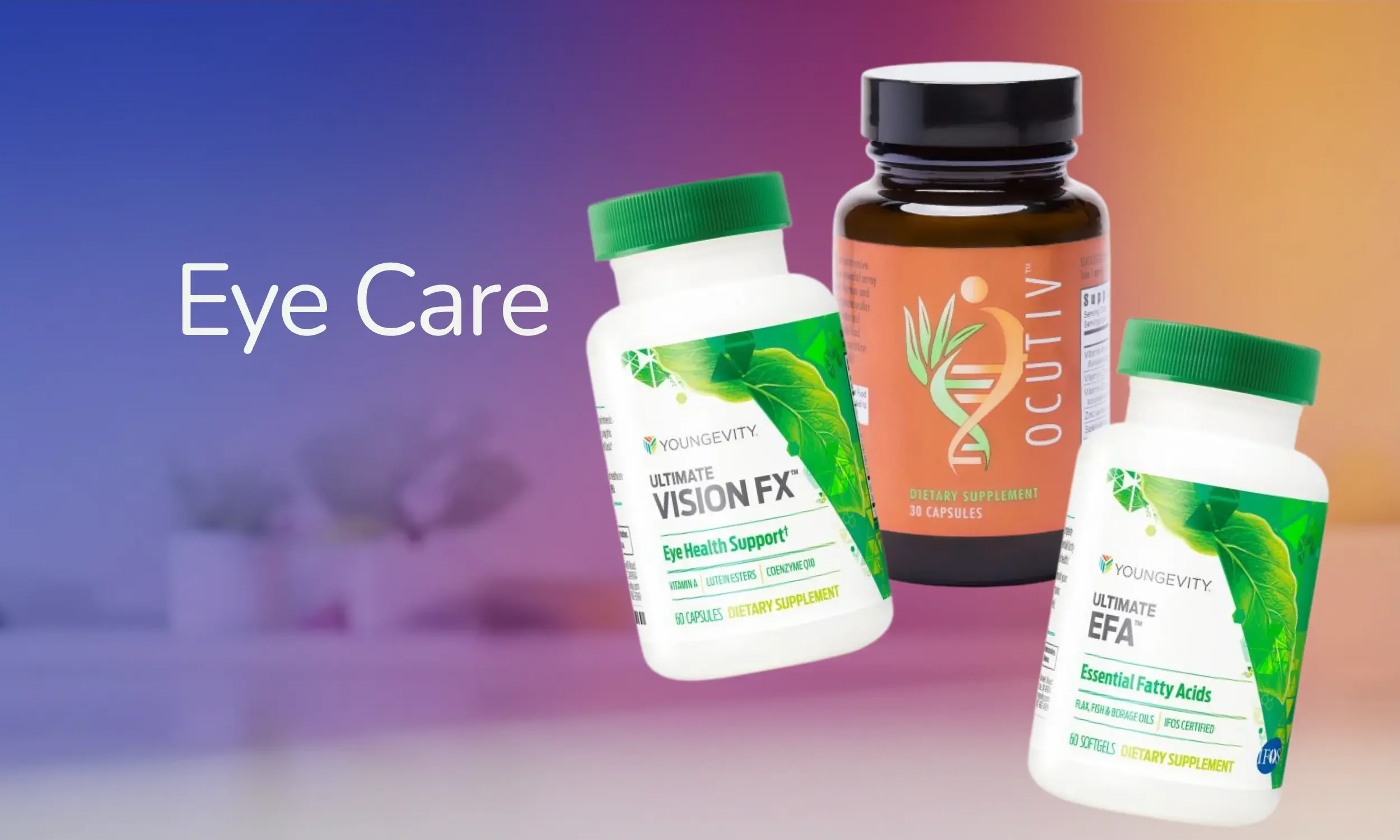 Various dietary supplement bottles labeled for eye care, including vision support and essential fatty acids, set against a gradient background.