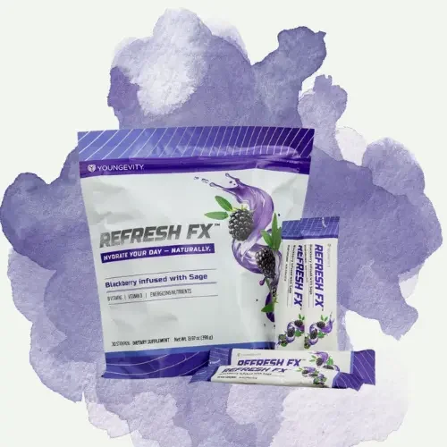 Supplements package labeled Refresh FX with blackberry and sage for immune support flavor against watercolor background.
