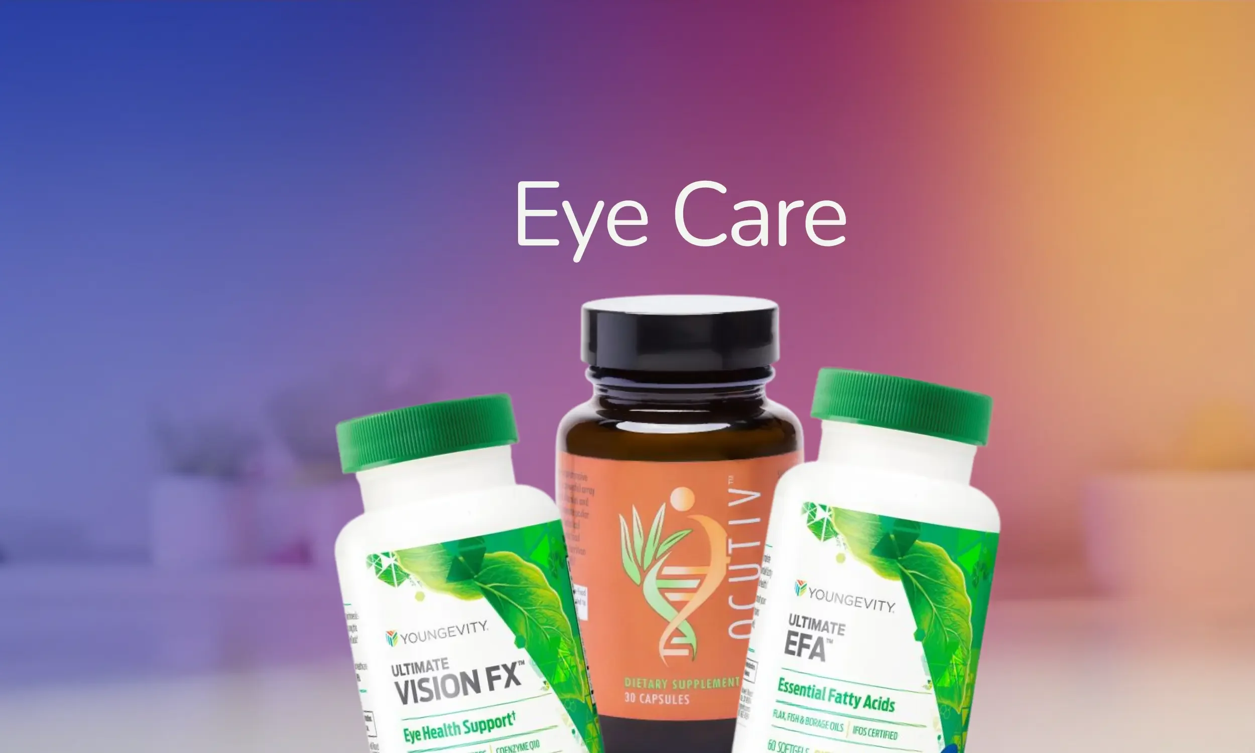 Multiple dietary supplement bottles with green caps, featuring green leaf designs, labeled for eye health support, essential fatty acids, and vision support, set against a colorful gradient background.