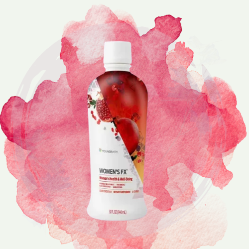 Bottle of Women's FX supplement with a red and pink watercolor background.