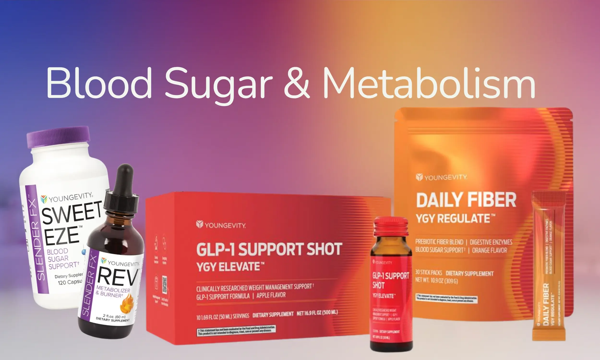 Various dietary supplement products related to blood sugar support and metabolism, including bottles and boxes with labels such as 'Sweet EZ,' 'REV,' 'GLP-1 Support Shot,' and 'Daily Fiber,' arranged against a colorful gradient background.