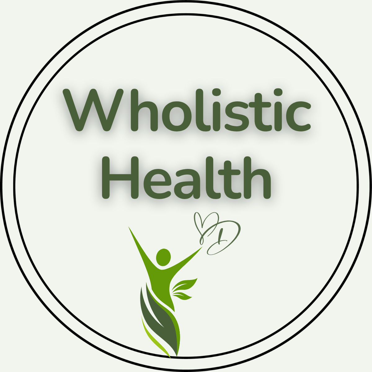 Logo for Wholistic Health featuring green text and a stylized figure with leaves and a heart in a circular design.