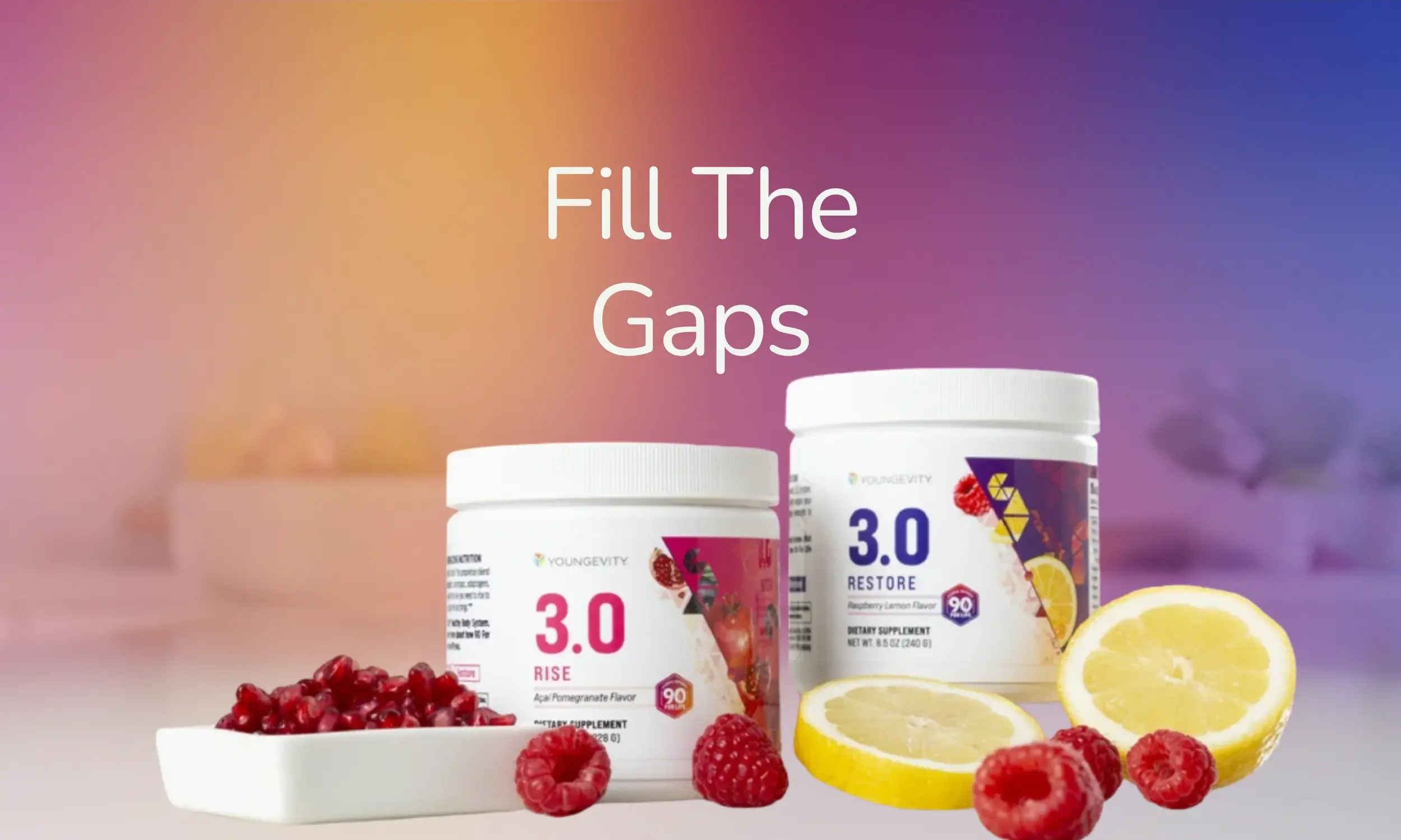Supplements bottles with labels indicating '3.0 BRISE' and '3.0 RESTORE', surrounded by fresh raspberries and lemon slices on a pastel-colored background.