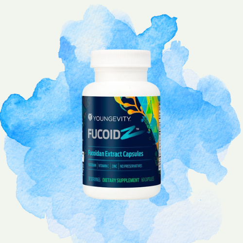 Bottle of Youngevity Fucoid Z dietary supplement capsules with a blue water-colored background.