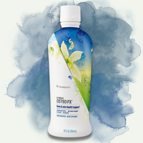 A bottle of Young Living Ultimate Osteo FX supplement with a colorful label featuring a white flower, green leaves, and abstract geometric designs, against a watercolor blue background.