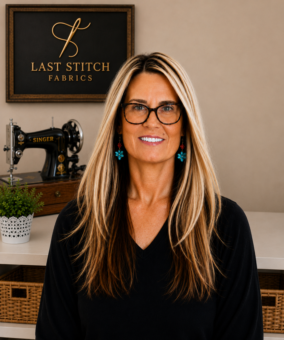 Lisa, owner of Last Stitch Fabrics, in her sewing studio.