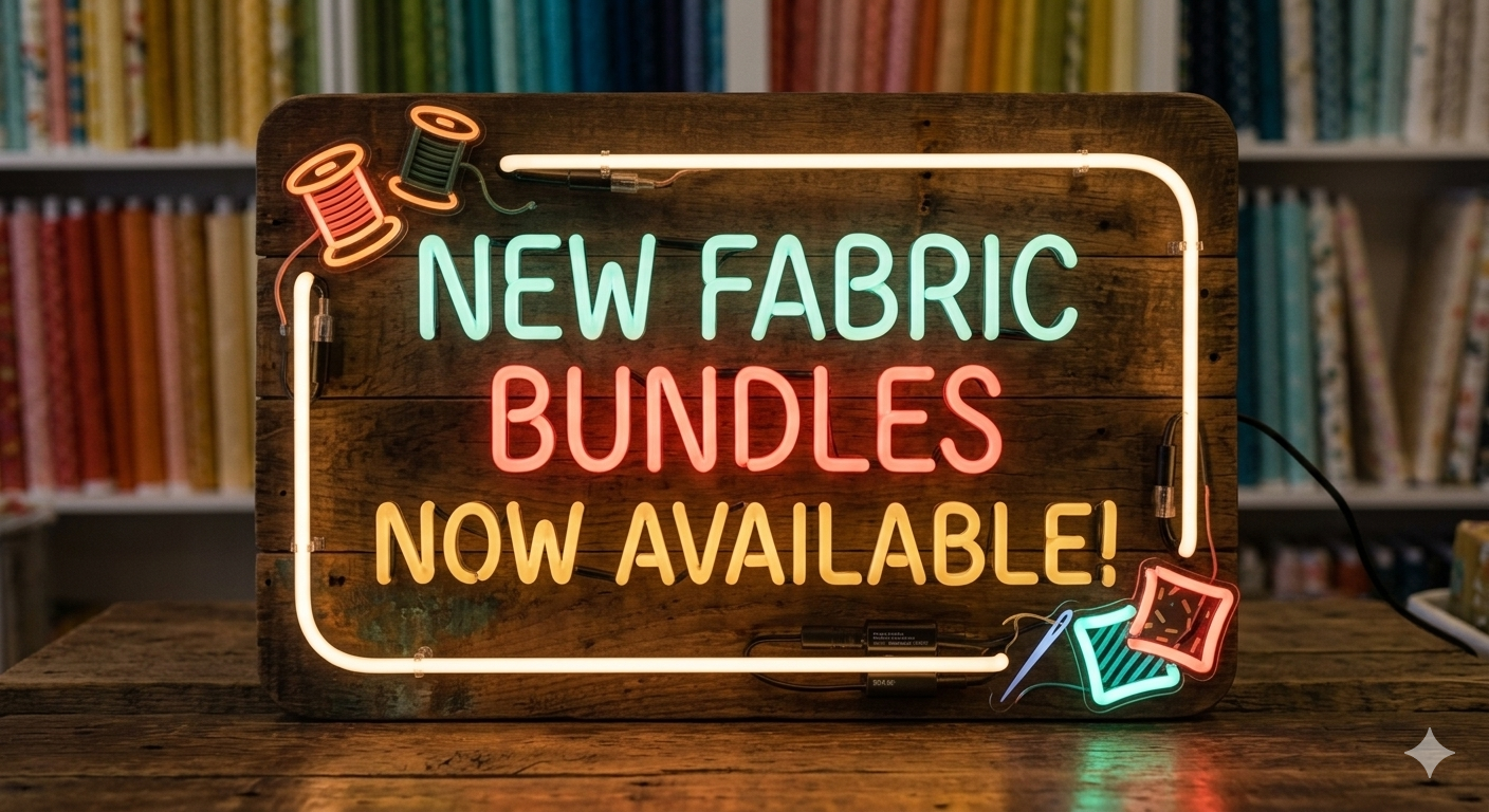 Neon sign on a wooden board advertising fabric bundles now available, with colorful spools of thread and fabric illustrations, set against a background of bookshelves.