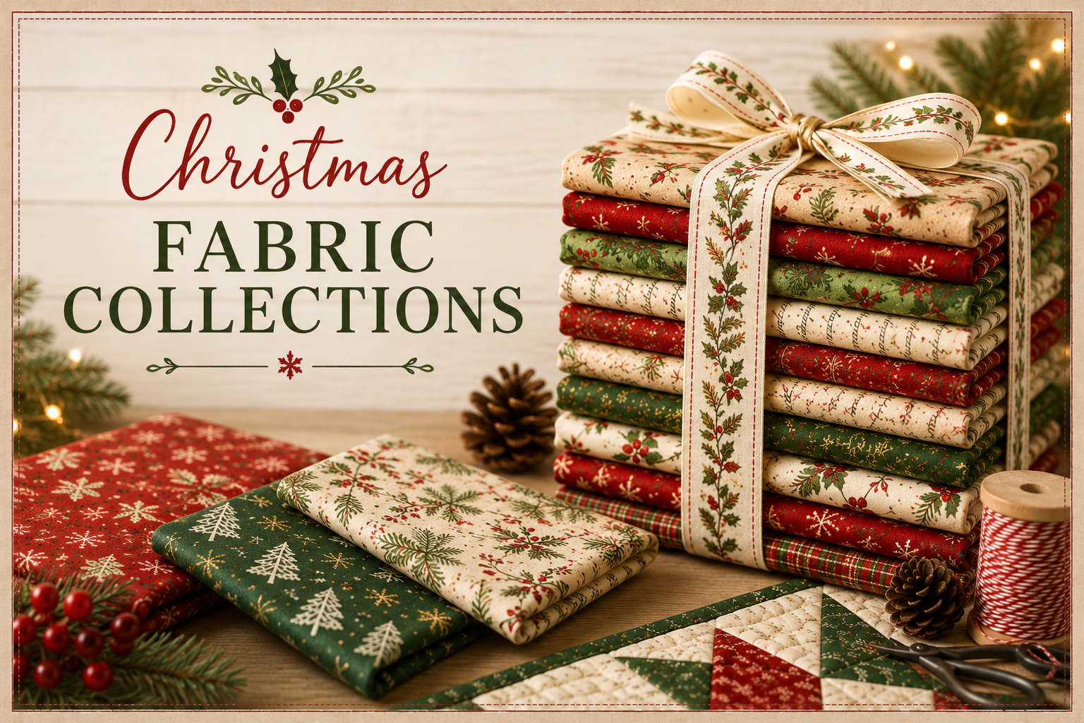 Christmas quilting fabric collections at Last Stitch Fabrics featuring festive holiday prints and coordinating fabrics.