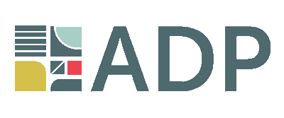 A logo for ADP featuring geometric shapes and the letters 'ADP' in bold text.