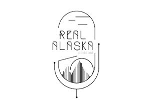 Graphic design featuring the text 'Real Alaska' with a stylized outline of Alaska and a bar graph resembling a mountain within a circular frame.