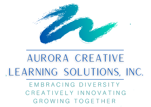 Aurora Creative Learning Solutions, Inc. logo with a blue and teal mountain-like design and text describing innovative, creative, and engaging learning services.