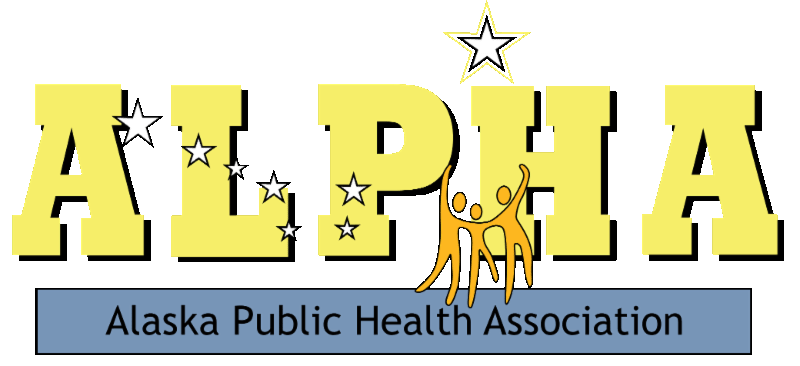 Logo of Alaska Public Health Association with the word 'ALPH' in large yellow letters, stars, and stylized figures of a person and an animal.