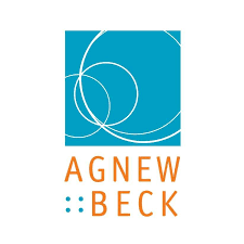 Logo featuring a blue square with white circular lines and the words 'AGNEW BECK' in orange and blue text.