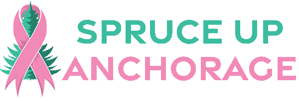 A pink ribbon intertwined with green pine branches next to the text 'Spruce Up Anchorage' in teal and pink.