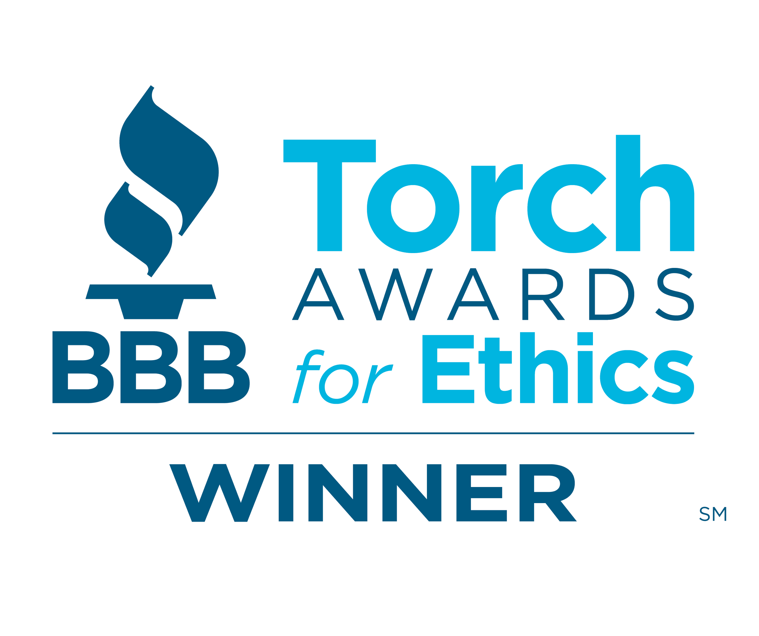 Torch Awards for Ethics winner logo with torch icon, text stating Torch Awards for Ethics, BBB, and WINNER, in shades of blue.