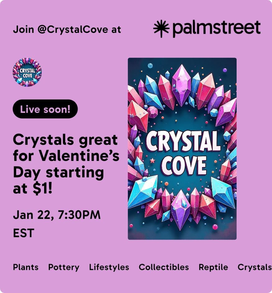 We&rsquo;re going LIVE on Palmstreet Today, 7:30PM EST ✨ Don&rsquo;t miss out!
Details:
- Low Shipping Fee
Agate clocks made by me for $25. Butterfly wings at $25. Budget friendly crystals at $5 and below. Come hangout see what I have and connect! As