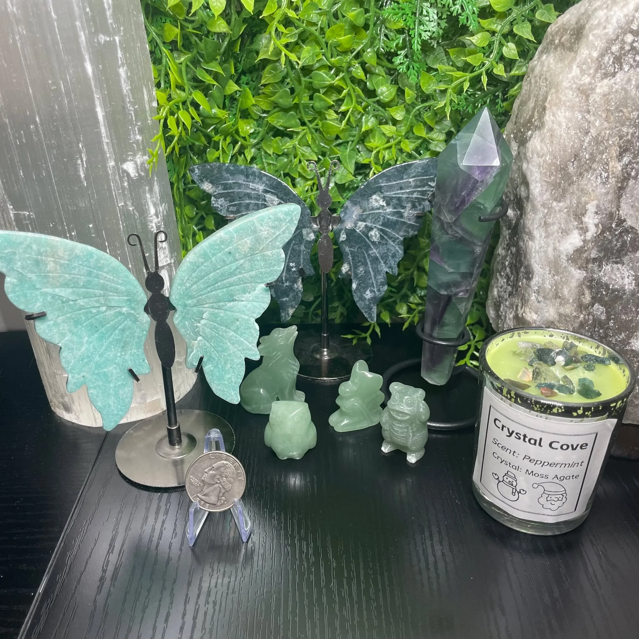 🍀Happy St. Patrick's Day!☘️ Get Something Green! Comment to Claim! Shipping starts at $5 (From Ohio)Amazonite Butterfly Wings ($25) Moss Agate Butterfly Wings ($25) Fluorite Wand ($18) Peppermint Candle ($5) Green Aventurine Carvings ($6)  #crystal 