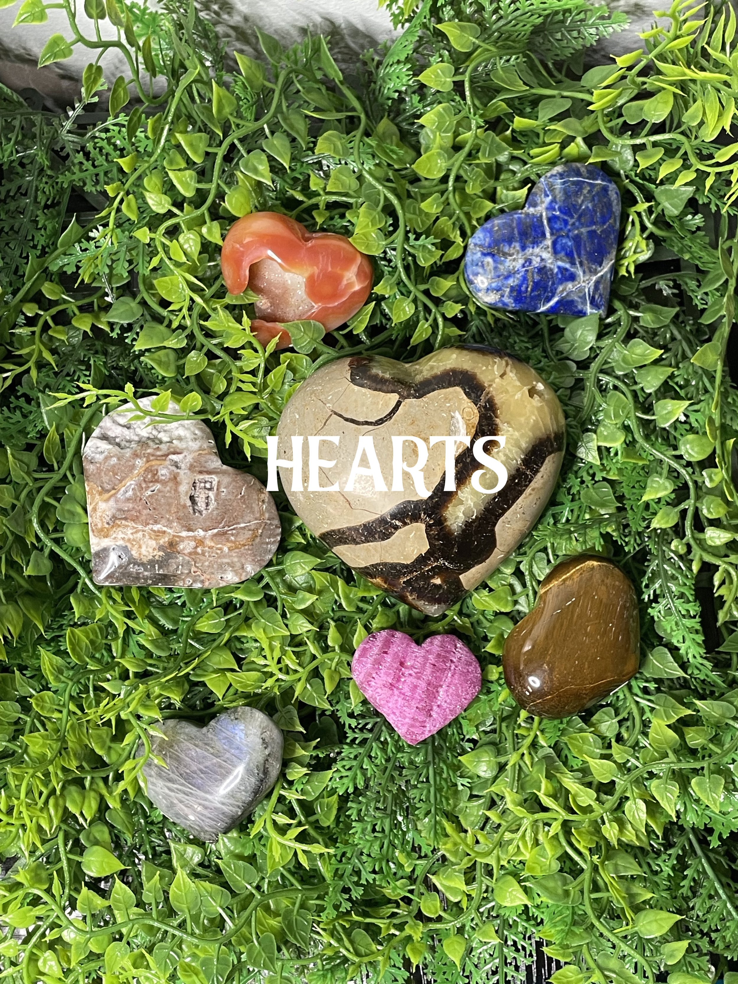 Various colorful heart-shaped stones arranged on green leaves with the word "HEARTS" written across the center.