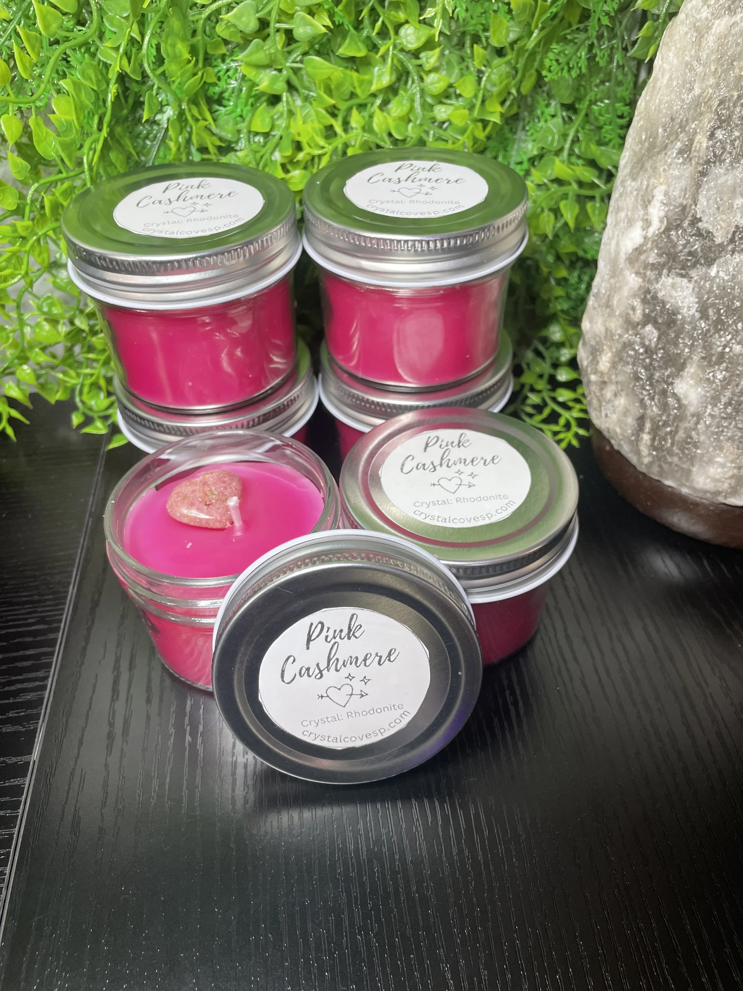 Pink Cashmere Scented Candle with a Rhodonite Crystal Mini Heart  4oz