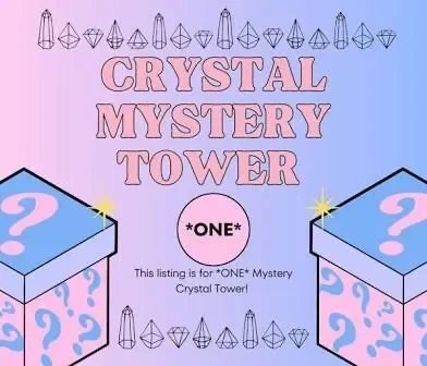 Pink and blue gradient background with crystal illustrations and two boxes with question marks, featuring the text 'Crystal Mystery Tower' and '*ONE*' in the center, indicating a mystery crystal tower game or puzzle.