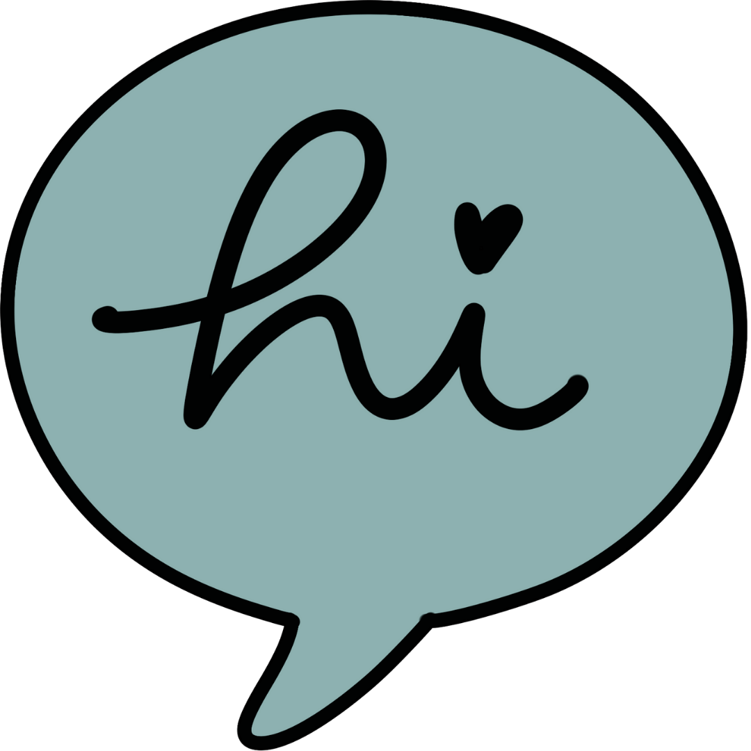 A speech bubble with the word "hi" written in cursive black letters and a small heart over the letter "i".