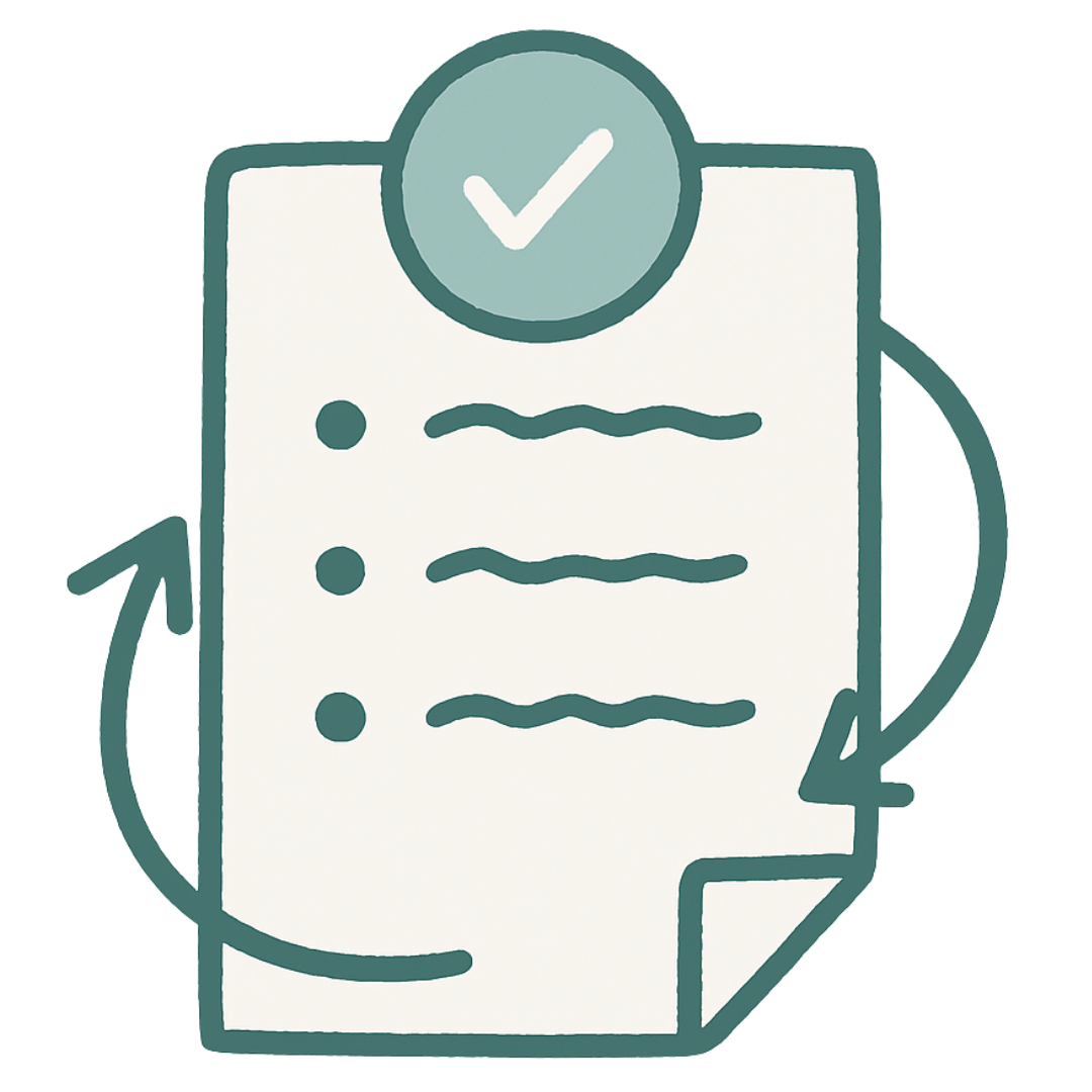 Illustration of a to-do list with three checkboxes, a checkmark at the top indicating completion, and arrows suggesting the list can be refreshed or reevaluated.