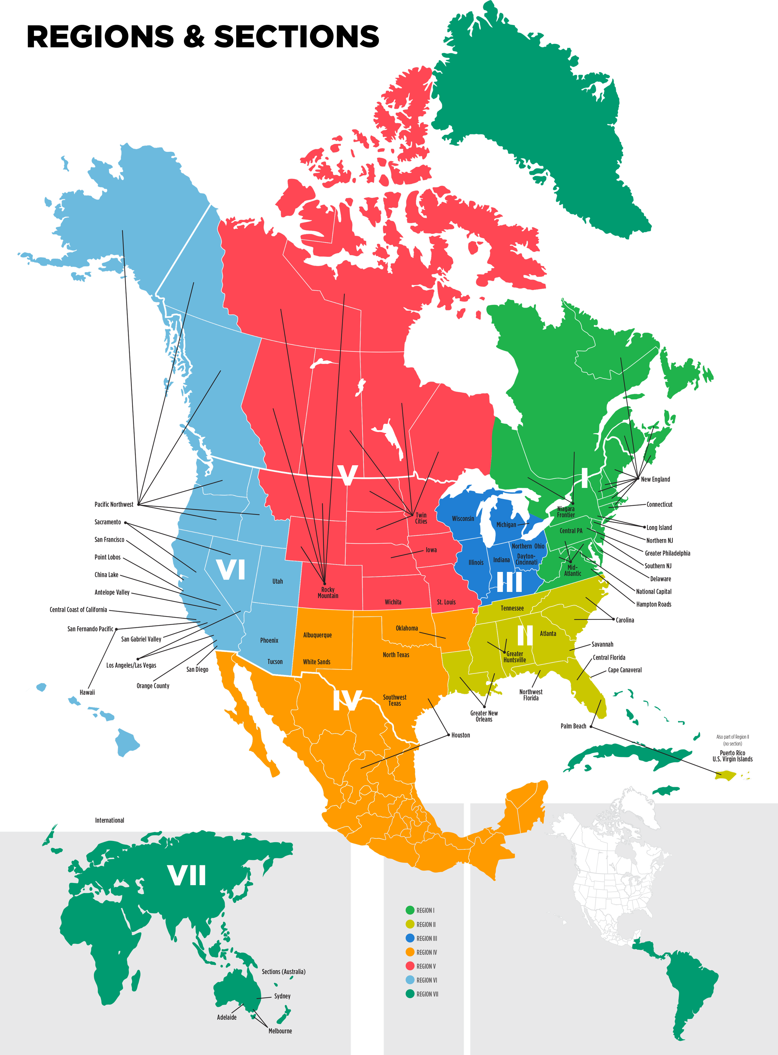 Color-coded map of the United States divided into different regions labeled I through VII, with smaller inset map showing the regions of Australia and South America.