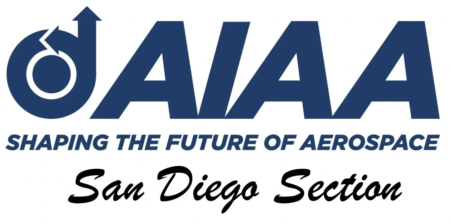 Logo of the American Institute of Aeronautics and Astronautics with the text "SHAPING THE FUTURE OF AEROSPACE" and "San Diego Section".