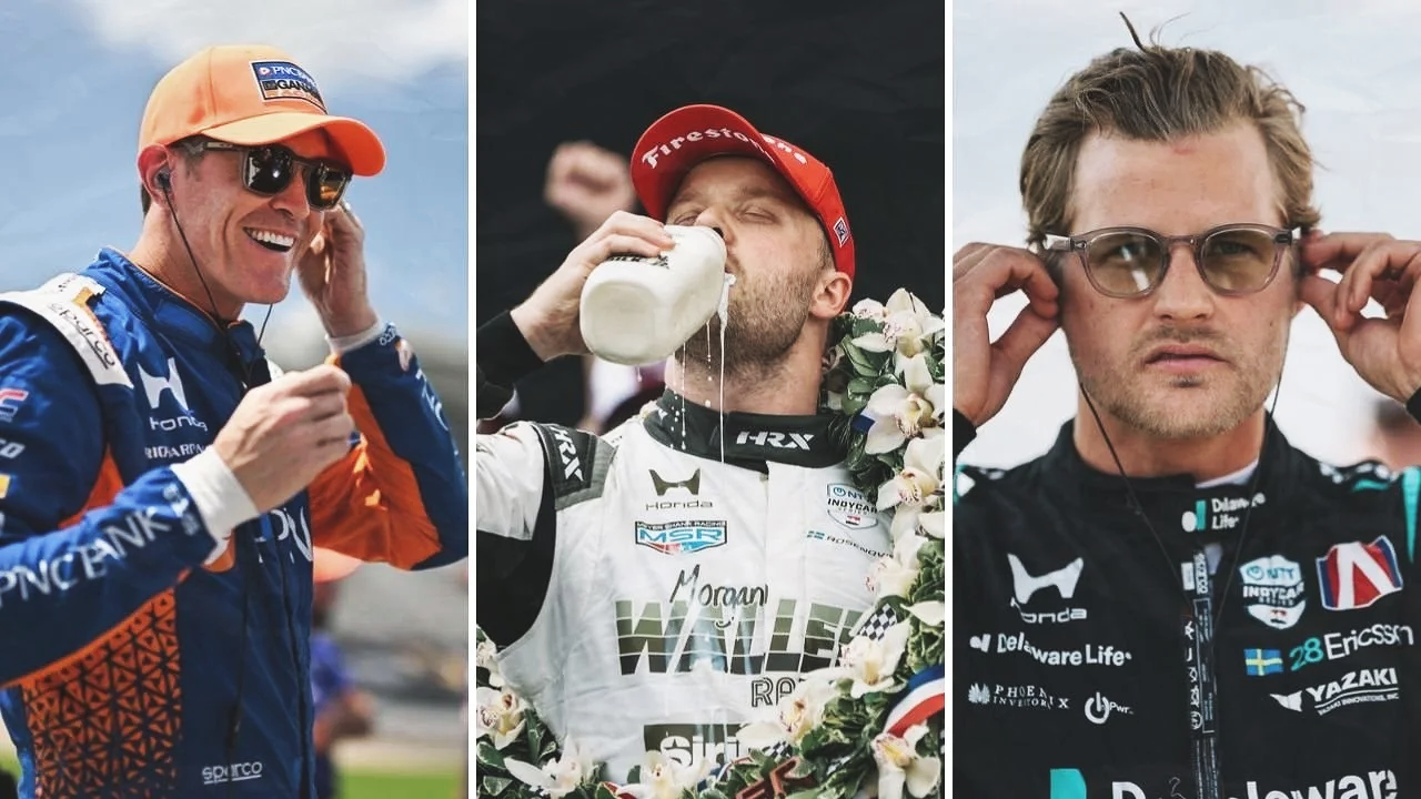 IndyCar drivers Scott Dixon, Felix Rosenqvist and Marcus Ericsson pictured during race events.