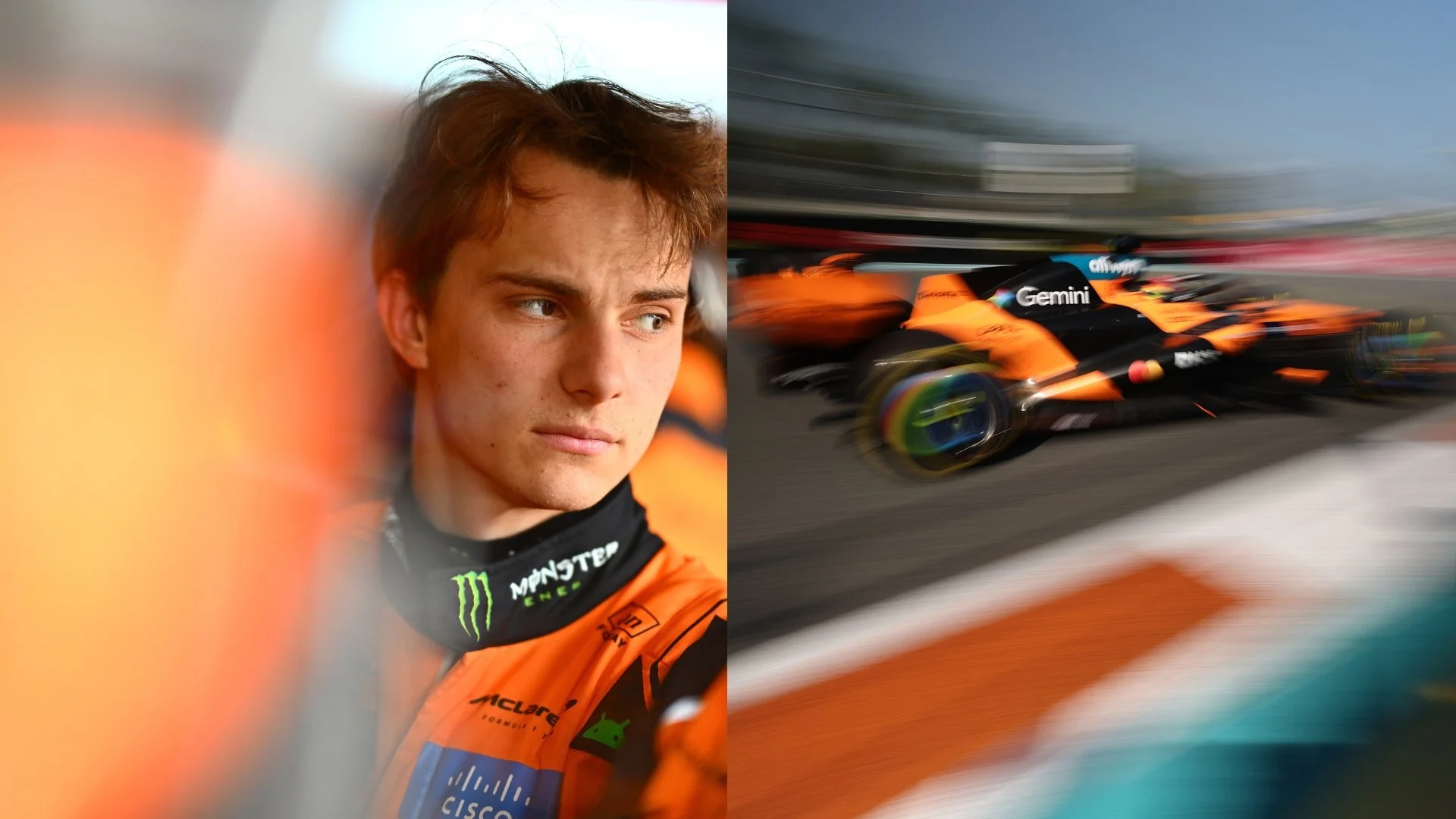 Oscar Piastri in McLaren racewear beside a motion-blurred McLaren Formula 1 car on track.