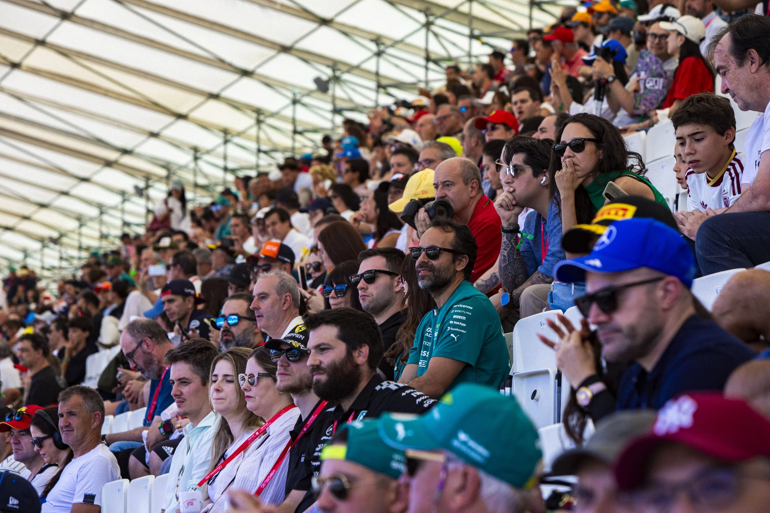 Spectators seated in a grandstand at the 2026 Spanish Grand Prix in Madrid